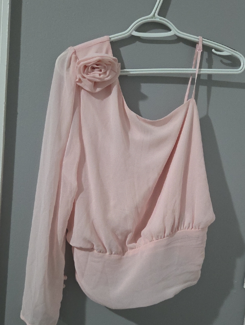 One-Shoulder Pink Rosette Blouse
